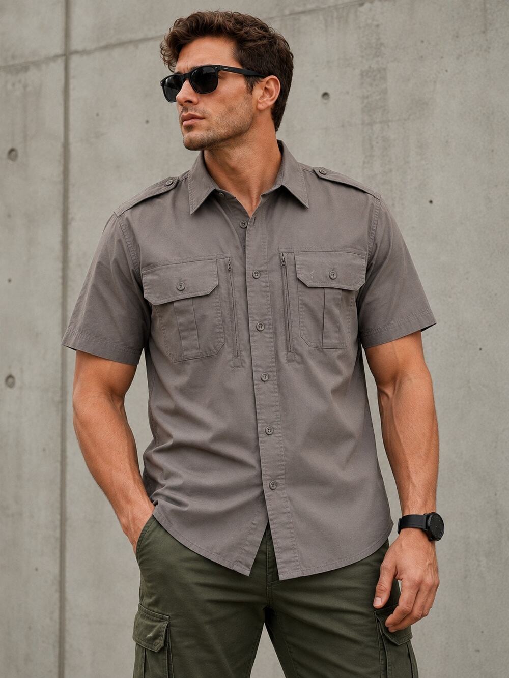 Propper Men’s Tactical Shirt L Gray Short Sleeve Ripstop Zip Front Utility